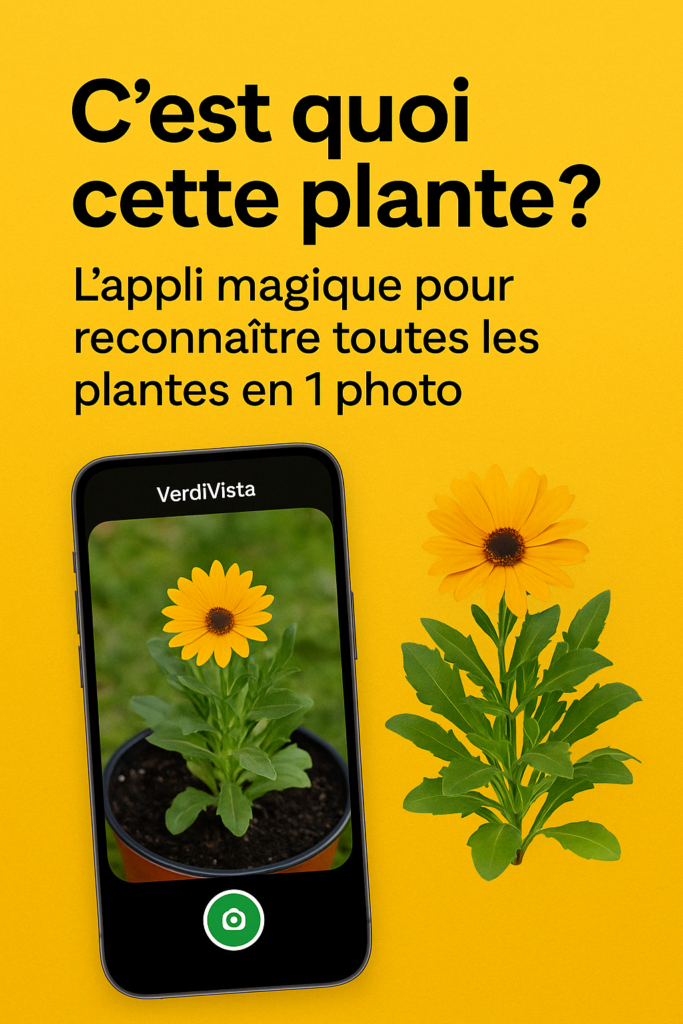 Illustration sur fond jaune avec des plantes vertes dessinées autour de la question “C’est quoi cette plante ?” écrite en noir au centre de l’image.