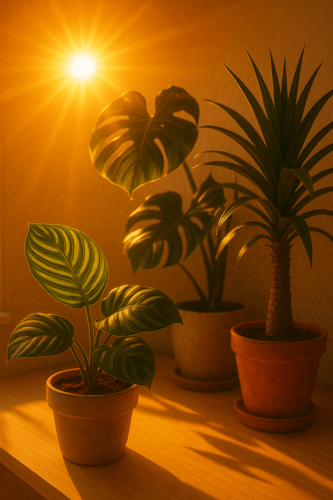 Grupo de plantas de interior expuestas a una luz sol intensa, con sombras marcadas sobre una superficie de madera en una habitación calurosa.