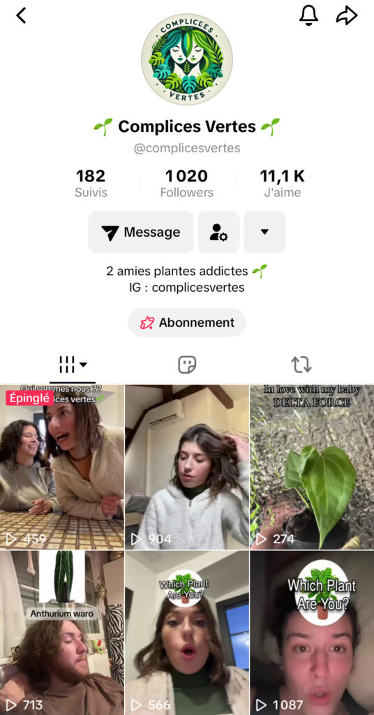 Capture du compte Instagram des Complices Vertes, deux amies d’enfance qui partagent des vidéos humoristiques sur les plantes avec bienveillance et légèreté.