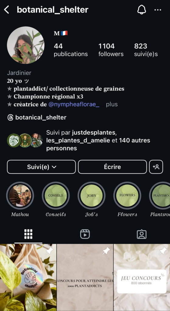 Aperçu du compte Instagram de botanical_shelter, jeune passionnée de 20 ans qui propose des photos artistiques et des conseils botaniques pointus.