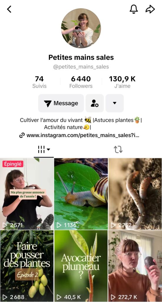 Capture du profil Instagram de petites_mains_sales, créatrice de vidéos dynamiques et inspirantes sur les plantes, la nature et le vivant.