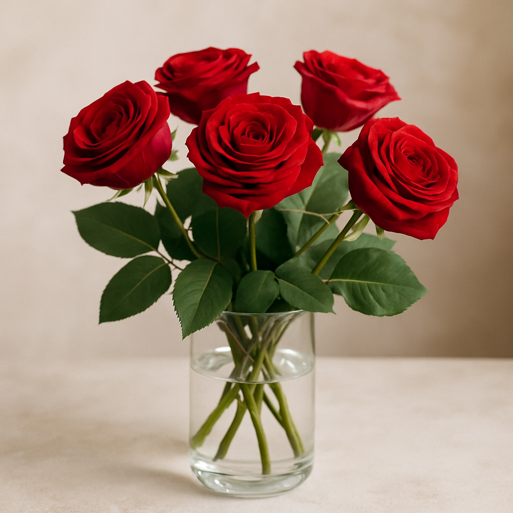 Bouquet de roses rouges fraîches dans un vase transparent sur une table claire.