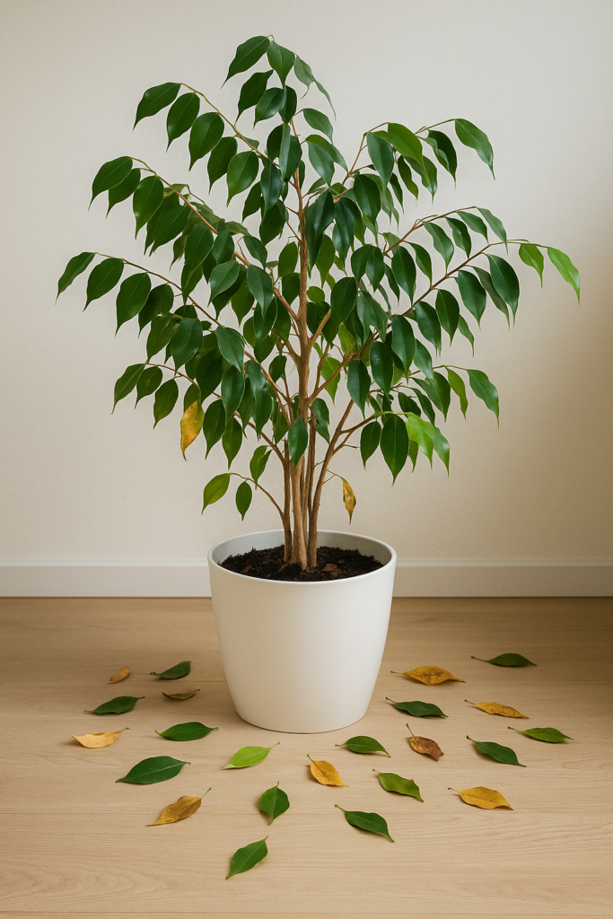 Ficus benjamina sano en maceta blanca, con hojas verdes brillantes y densas, en un interior luminoso.  