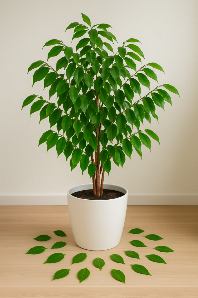 Ficus benjamina en maceta perdiendo hojas, sobre un suelo de madera clara, con hojas amarillas y verdes caídas alrededor.