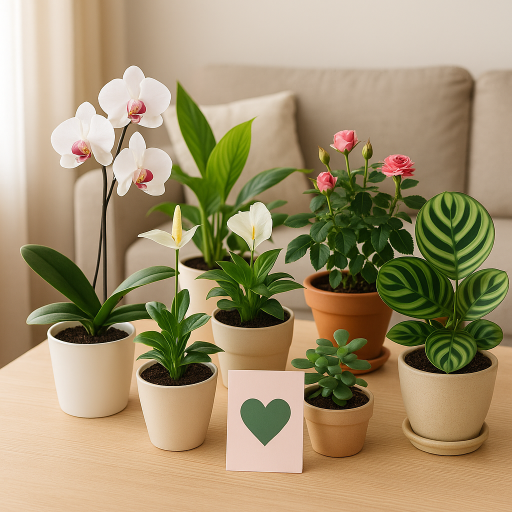 Six potted houseplants (orchid, peace lily, rose, calathea, aloe vera, succulent) on a wooden table with a pink Mother’s Day card.