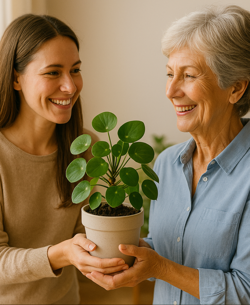 A smiling woman gives a potted Chinese money plant (pilea) to her mother in a warm, sunlit home, as a Mother's Day gift.