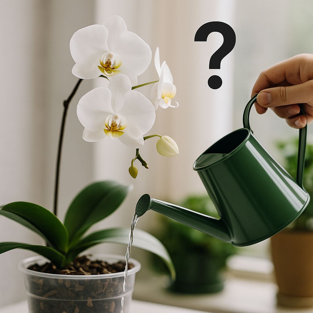 Une main arrose une orchidée phalaenopsis blanche dans un pot transparent, avec un arrosoir vert, accompagnée d’un point d’interrogation flottant – illustration de l’article “Comment bien arroser une orchidée ?”.