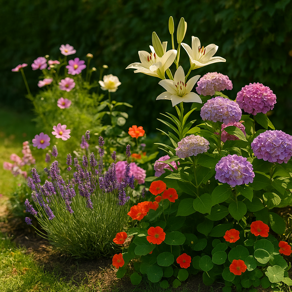 Jardin fleuri en juin avec lavande, hortensias, capucines, lys, cosmos et roses sous une lumière naturelle douce.