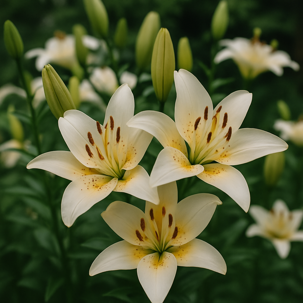 Three white lilies in bloom with unopened buds in the background.