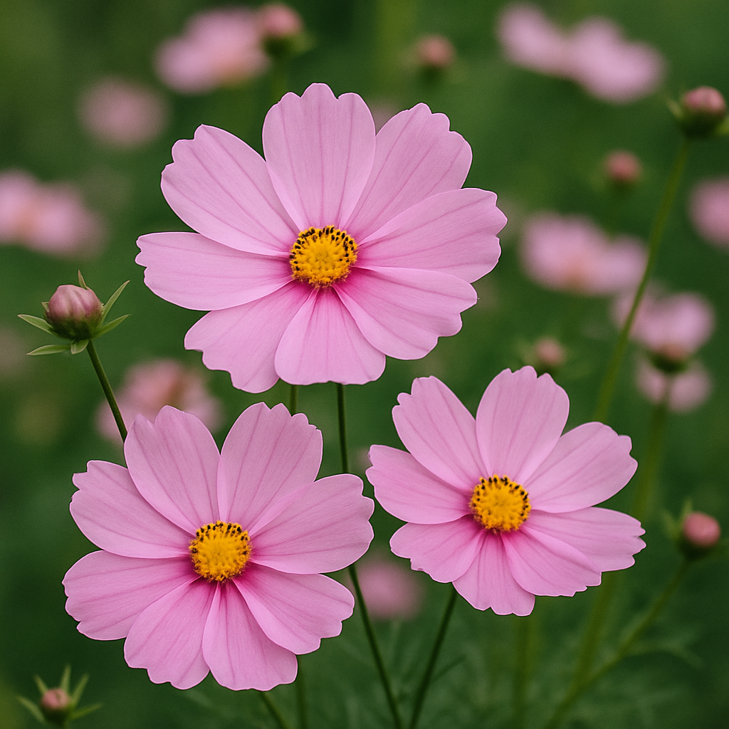 Cluster of pink cosmos flowers in bloom against a blurred green background.
