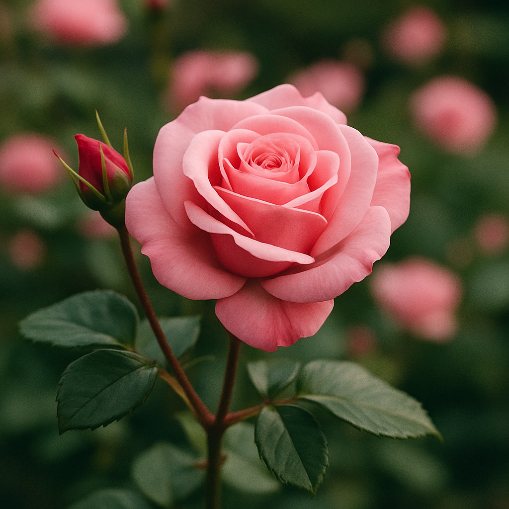Pink rose in full bloom with a bud and green foliage in the background.