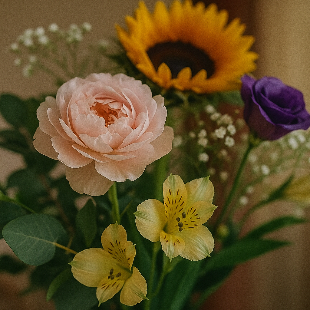 Seasonal bouquet with peony, sunflower, lisianthus, baby’s breath, and alstroemeria.