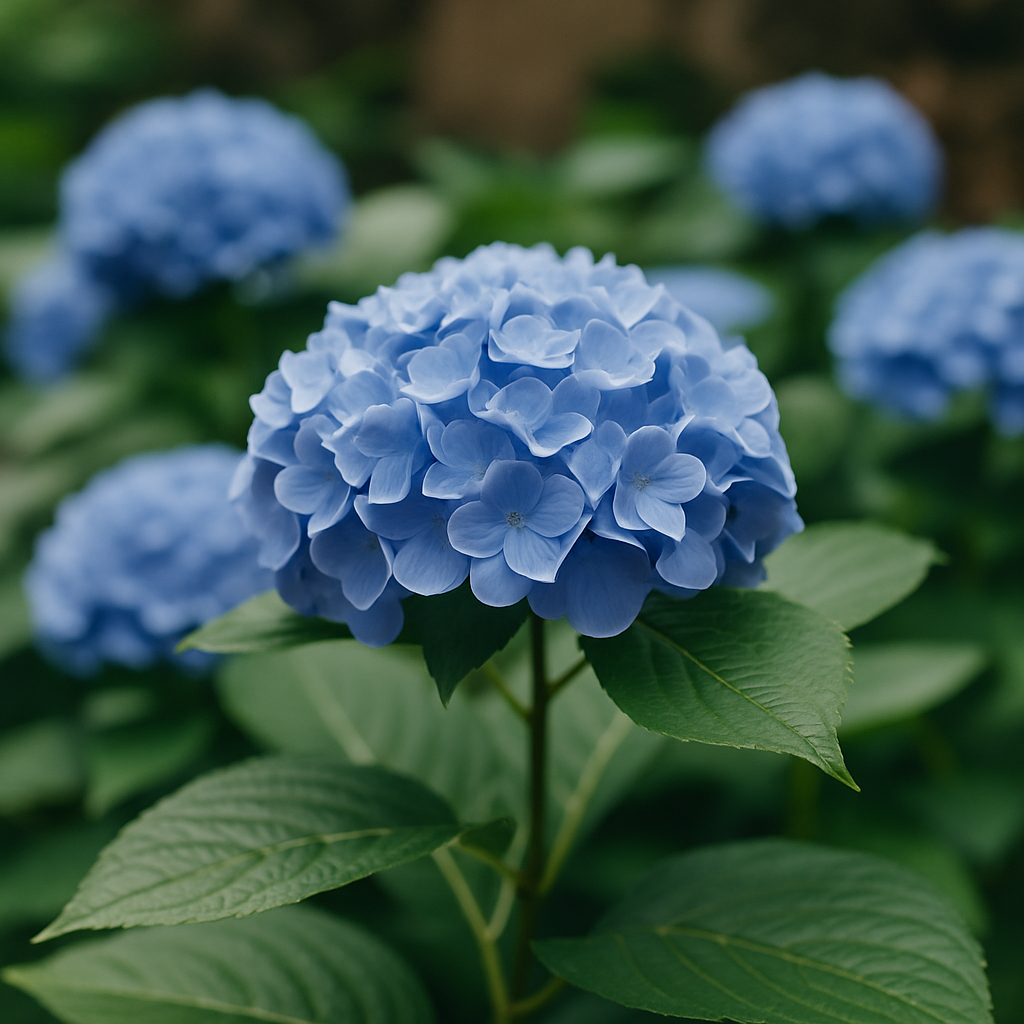 Blue hydrangea flower in full bloom, surrounded by lush green leaves.