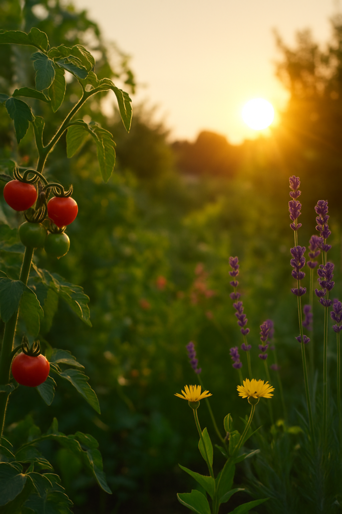 Jardin en été au coucher du soleil avec tomates, lavande et fleurs jaunes, illustrant l’impact du solstice d’été sur les plantes.