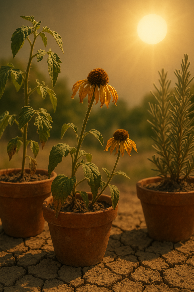 Wilted potted plants under extreme summer heat, with cracked soil, showing signs of drought stress.