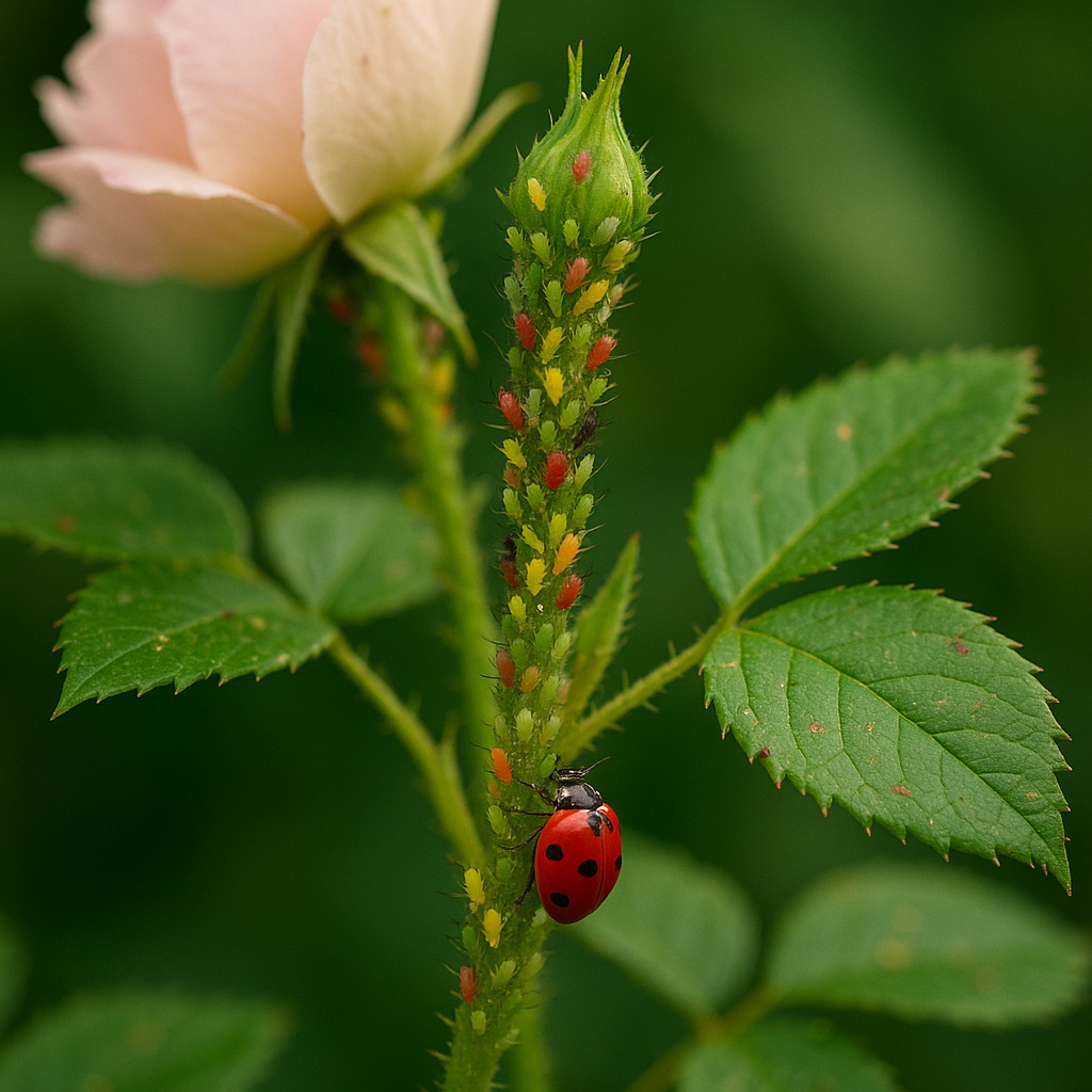 Tallo de rosal cubierto de pulgones verdes, rojos y amarillos, con una mariquita alimentándose.