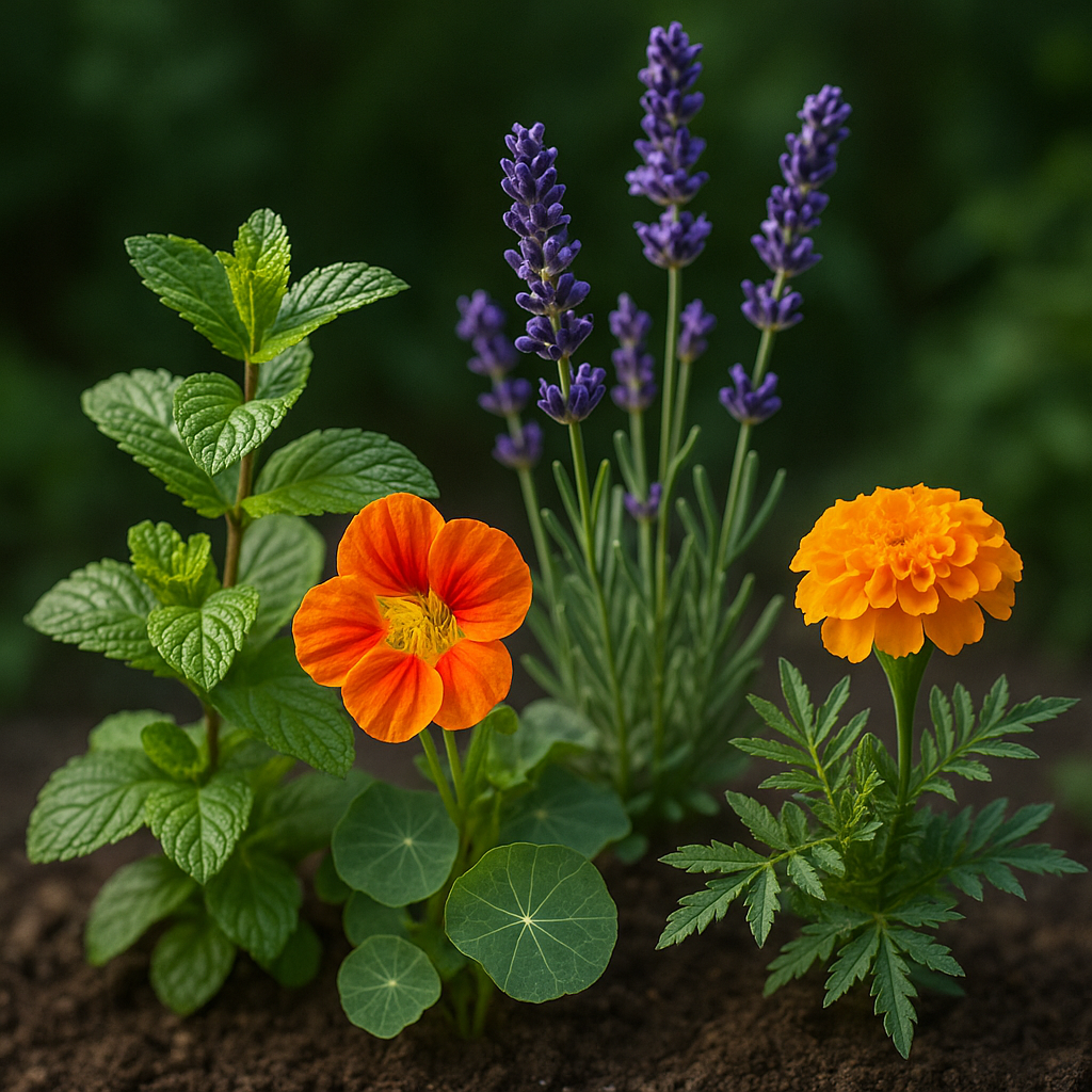 Grupo de plantas repelentes de pulgones: menta, capuchina, lavanda y caléndula plantadas en tierra.