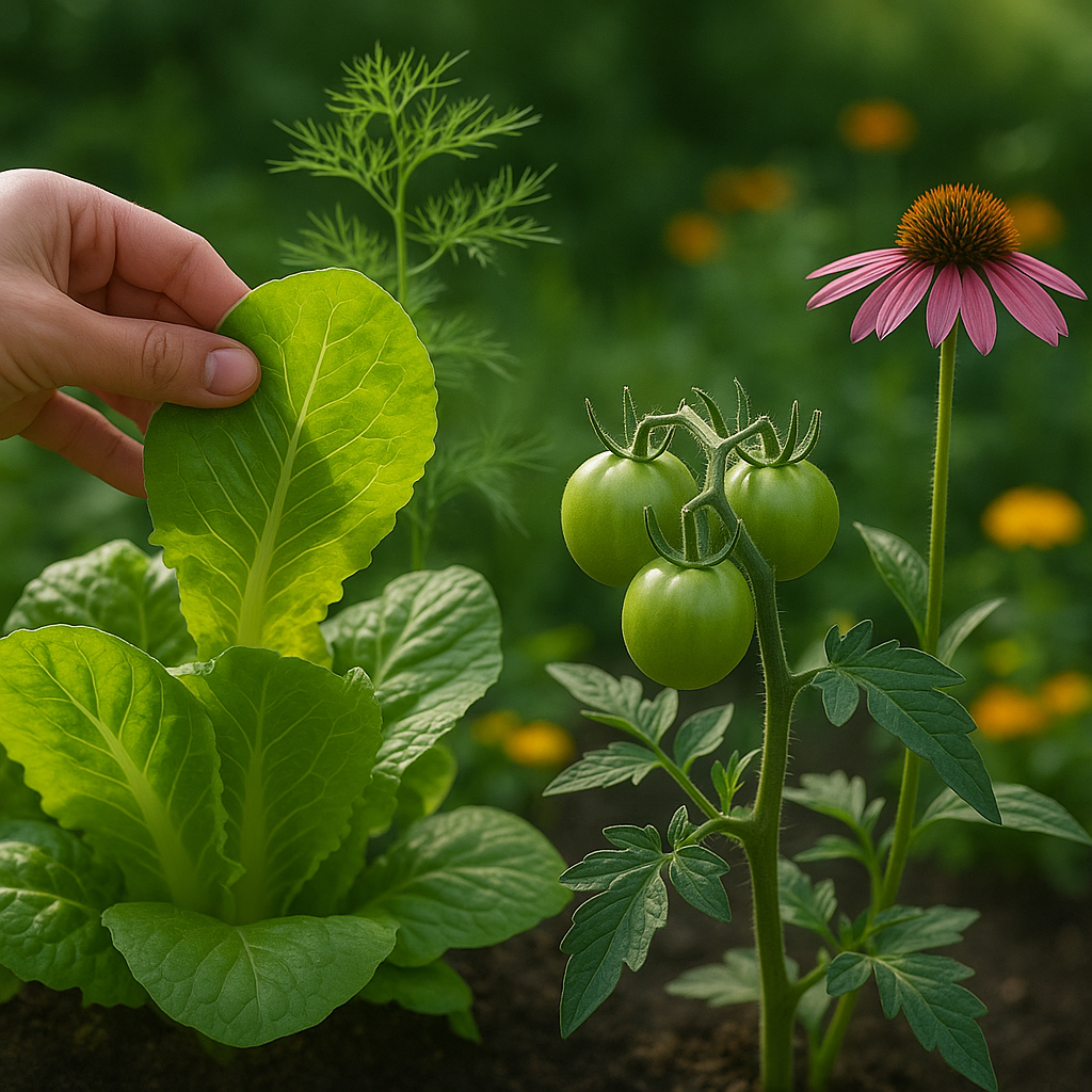 Mano inspeccionando una hoja de lechuga, con tomates, equinácea y flores compañeras en el huerto.