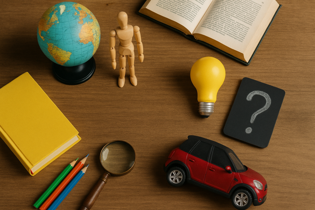 Objets représentant la culture générale dans Les 12 Coups de Midi avec globe, livre, loupe et voiture comme dans le parcours d’Émilien sur TF1
