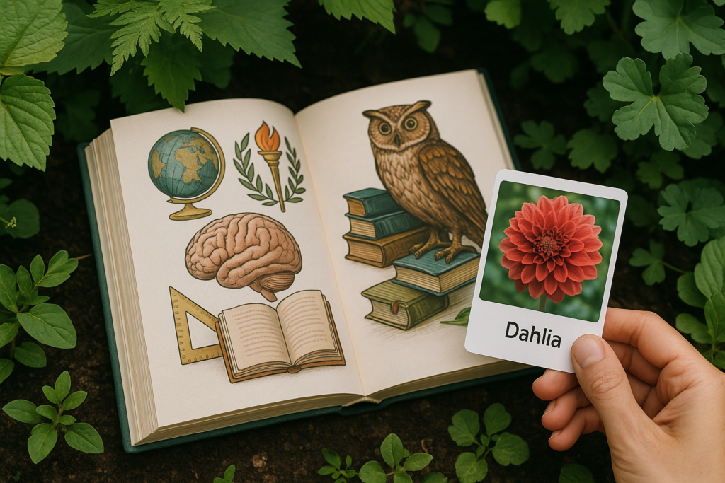 Livre de culture générale posé dans la nature avec une carte Dahlia, symbole de la faiblesse d’Émilien en botanique après Les 12 Coups de Midi, et VerdiVista comme solution